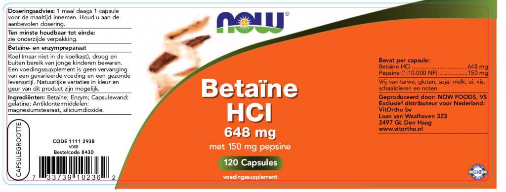 Betaïne HCl 648 mg - NowVitamins - NOW Foods - 733739102362