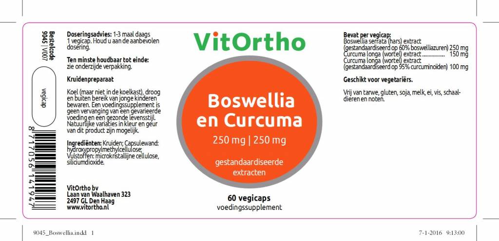 Boswellia 250 mg en Curcuma 250 mg - NowVitamins - VitOrtho - 8717056141947