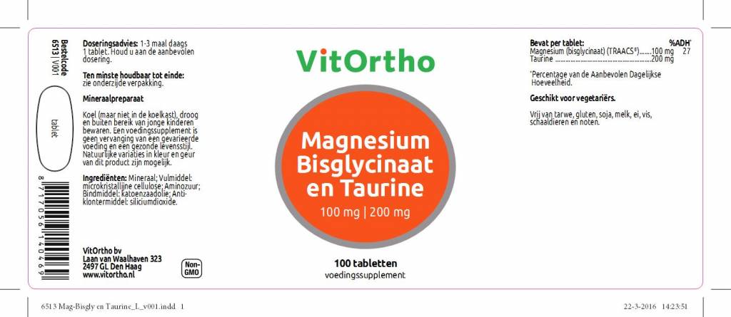 Magnesium Bisglycinaat 100 mg en Taurine - NowVitamins - VitOrtho - 8717056140469