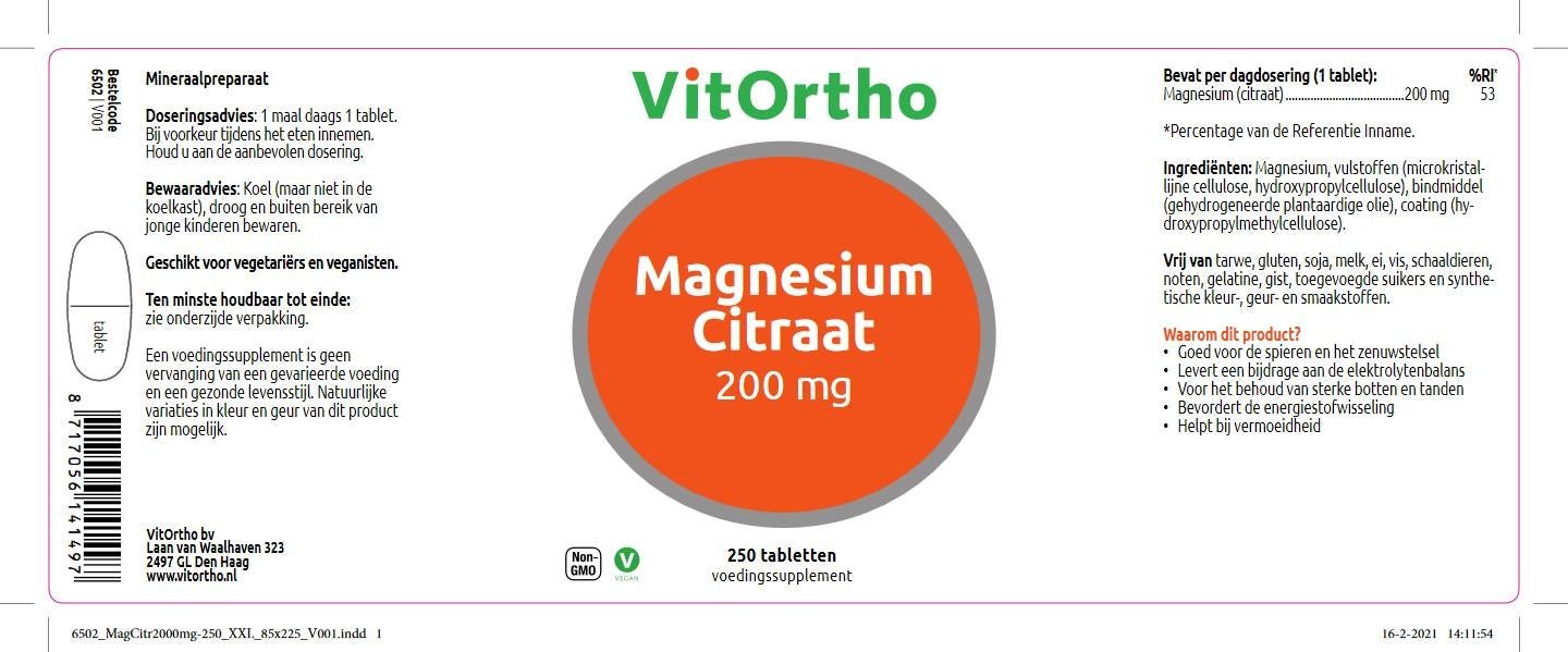 Magnesium citraat 200 mg - NowVitamins - VitOrtho - 8717056141497