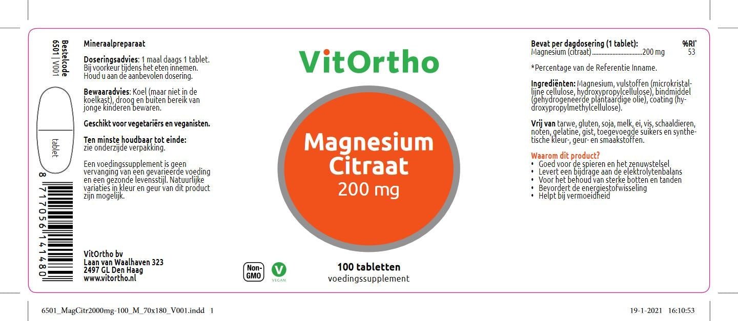 Magnesium citraat 200 mg - NowVitamins - VitOrtho - 8717056141480