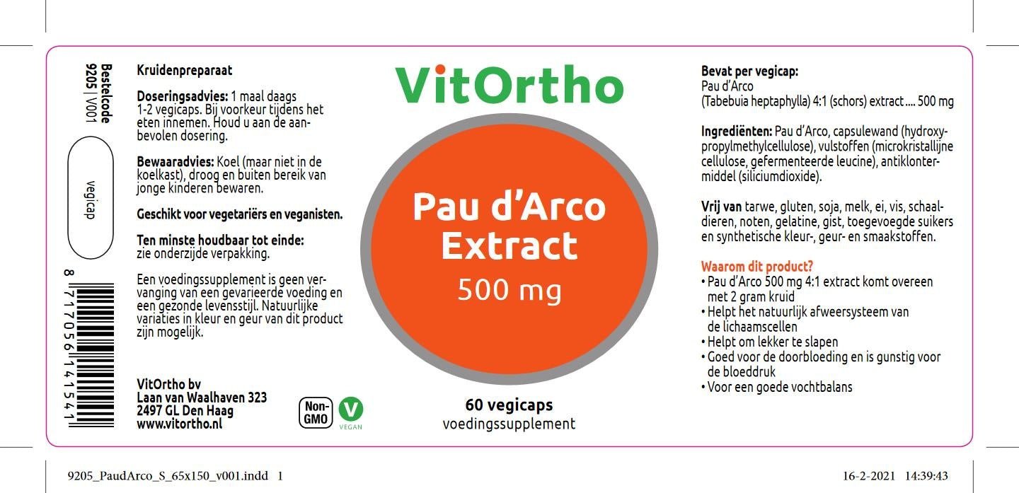 Pau d'arco extract 500 mg - NowVitamins - VitOrtho - 8717056141541
