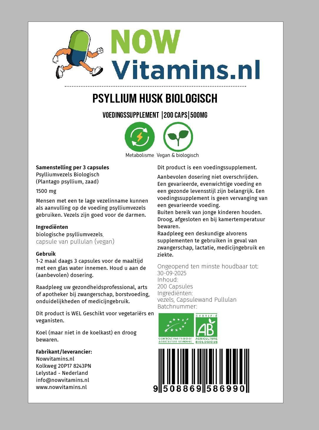 Psylliumvezels 500 mg Biologisch 200 capsules - NowVitamins - NowVitamins.nl - 9508869586990