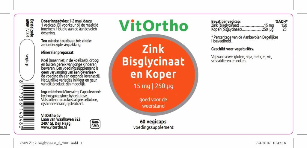Zink Bisglycinaat 15 mg en Koper 250 μg - NowVitamins - VitOrtho - 8717056140483